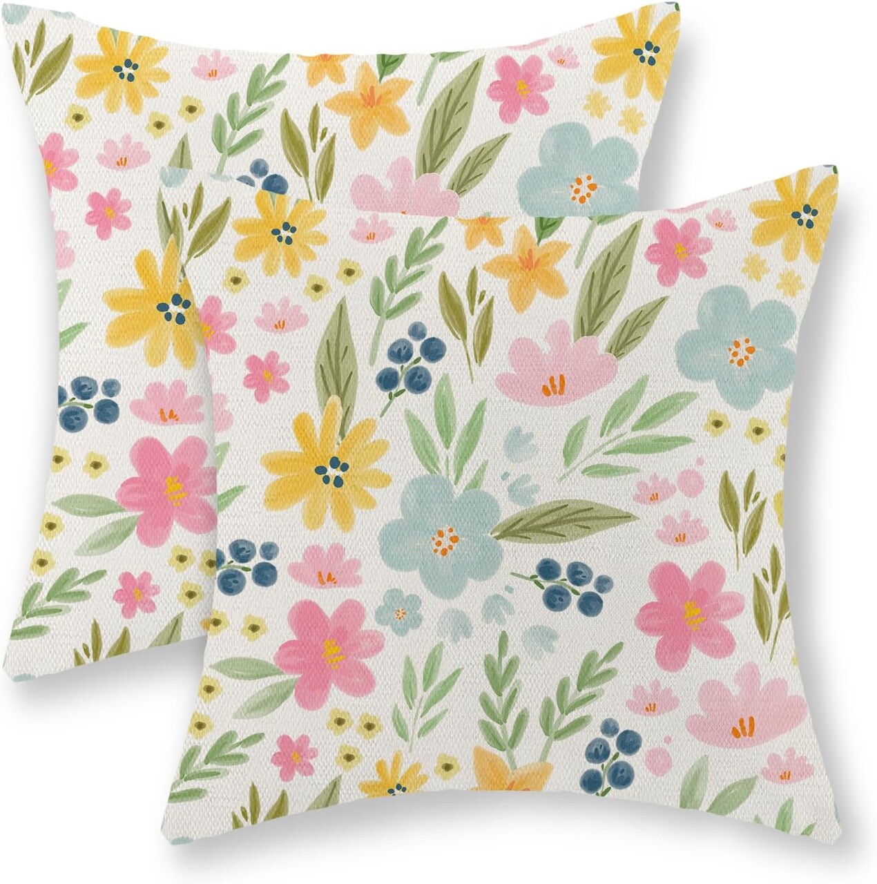 Spring Pillow Covers 20x20 Set of 2, Watercolor Yellow Pink Blue Flowers Throw Pillows Summer Spring Floral Leaf Print Decor Pillowcase Farmhouse Outdoor Decorations Cushion Case for Couch Home